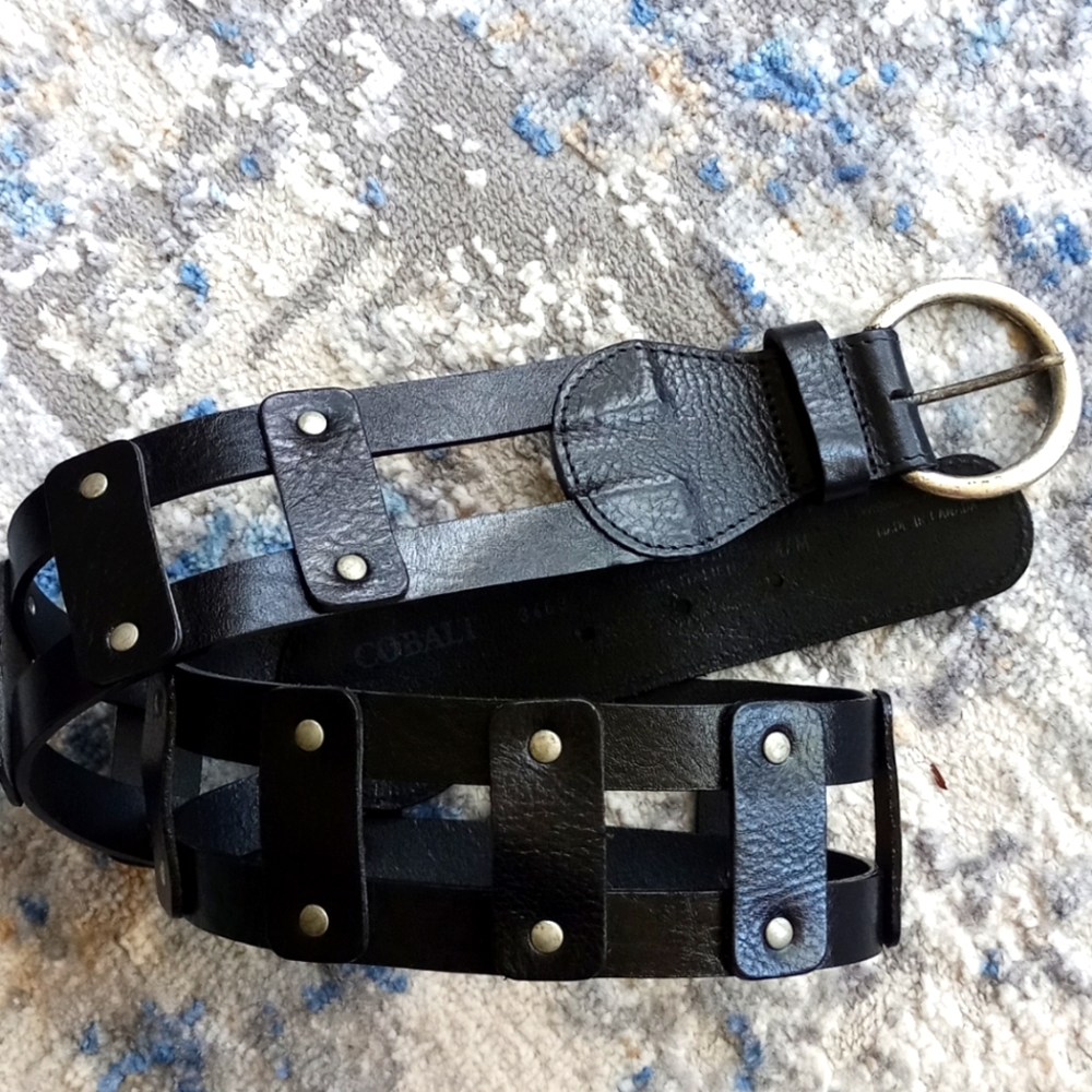Black Leather Belt with Aged Studs